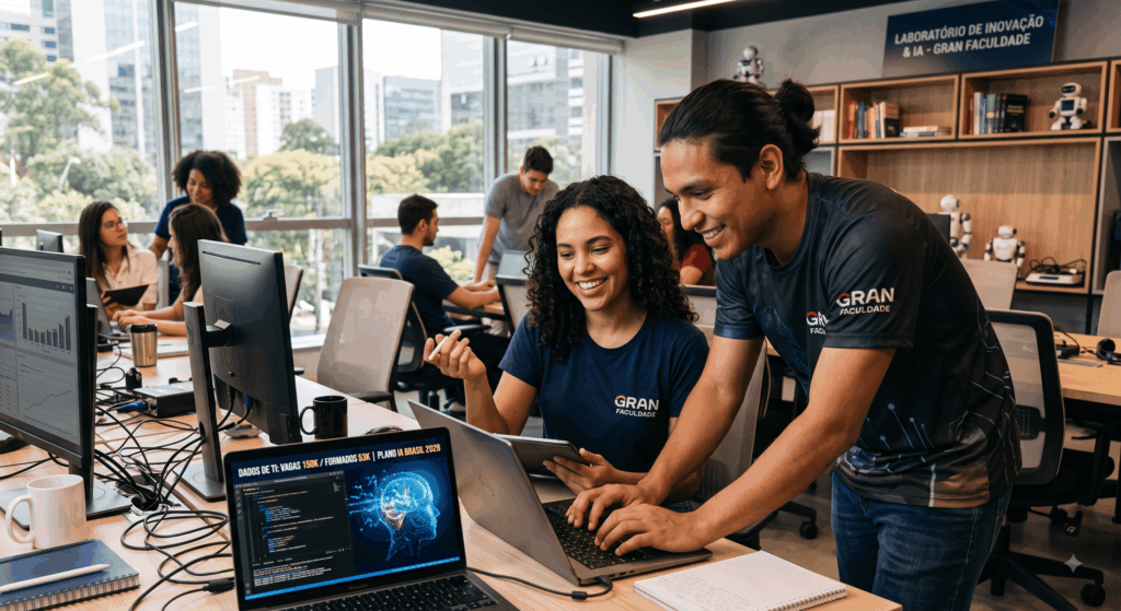 Dois estudantes brasileiros colaboram sorridentes em um laboratório de inovação da Gran Faculdade. Eles estão concentrados em um laptop que exibe gráficos sobre o déficit de profissionais de TI no Brasil e o Plano de IA até 2028. A imagem transmite a dedicação humana e o ambiente acolhedor necessário para superar os desafios da capacitação em massa.