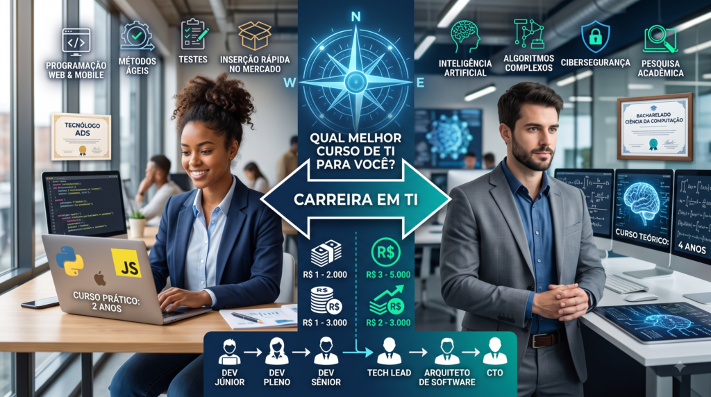 imagem retrata a escolha entre duas carreiras techs