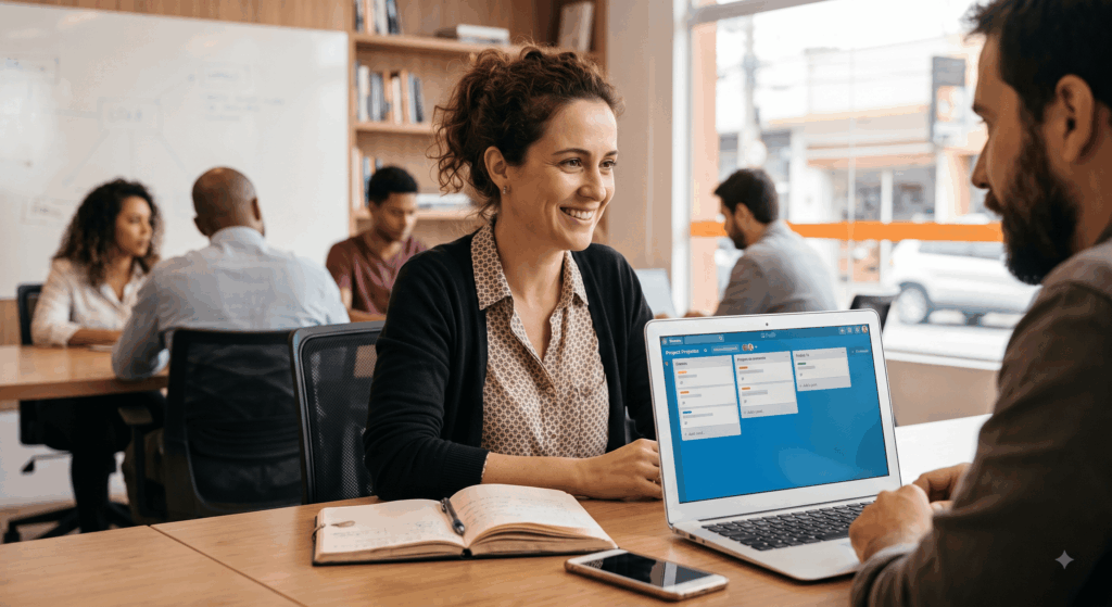 A imagem captura uma mulher de meia-idade, com um sorriso acolhedor, concentrada em um notebook que exibe um painel de projetos visualmente simplificado (semelhante ao Trello) em uma mesa de madeira. Ela está em um co-working brasileiro bem iluminado, interagindo com um colega enquanto consulta um caderno de anotações e seu smartphone, cercada por outros profissionais que trabalham de forma colaborativa ao fundo. A cena utiliza luz natural e um foco suave para transmitir uma atmosfera autêntica e focada no fator humano, longe de um cenário corporativo frio.