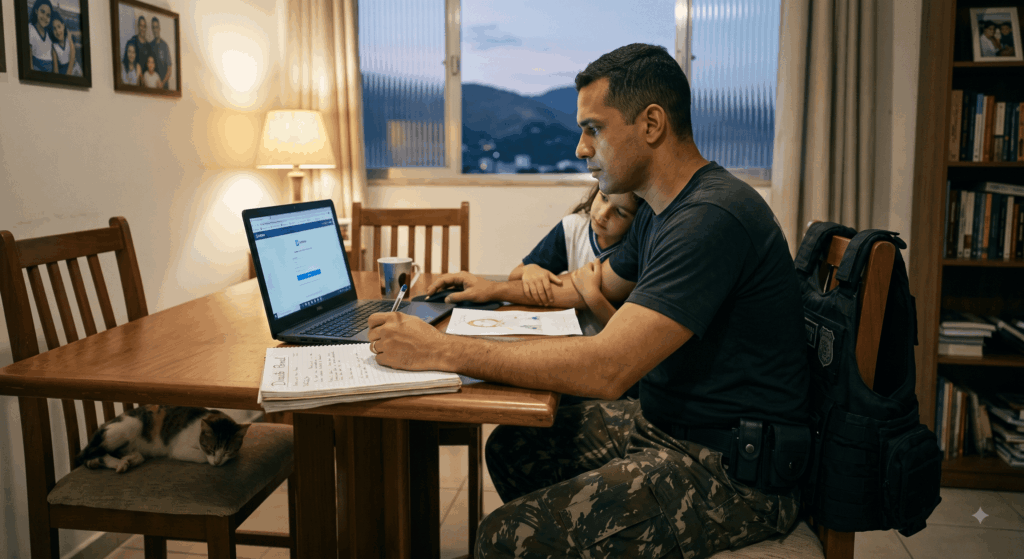 A fotografia mostra um militar brasileiro em seu ambiente doméstico, usando calças de farda e uma camiseta simples após o expediente. Ele está concentrado estudando em um notebook aberto sobre uma mesa de madeira, com um caderno de Direito Penal e uma caneta à mão. Uma jovem filha repousa carinhosamente a cabeça em seu ombro enquanto ele estuda, ilustrando o desafio e a humanidade de conciliar carreira, família e educação.