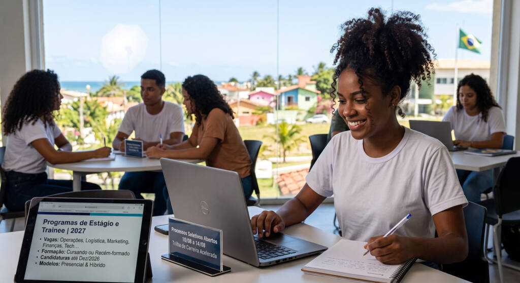 A imagem retrata um ambiente de estudos moderno e bem iluminado, onde uma jovem sorridente utiliza um notebook e toma notas em seu caderno. Ao fundo, através de uma ampla janela de vidro, é possível ver outros estudantes reunidos em mesas colaborativas interagindo pacificamente. A atmosfera transmite foco, oportunidade e desenvolvimento profissional em um cenário receptivo e atual