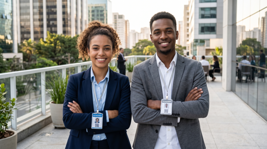 imagem retrata dois jovens estagiários em ambiente corporativo

