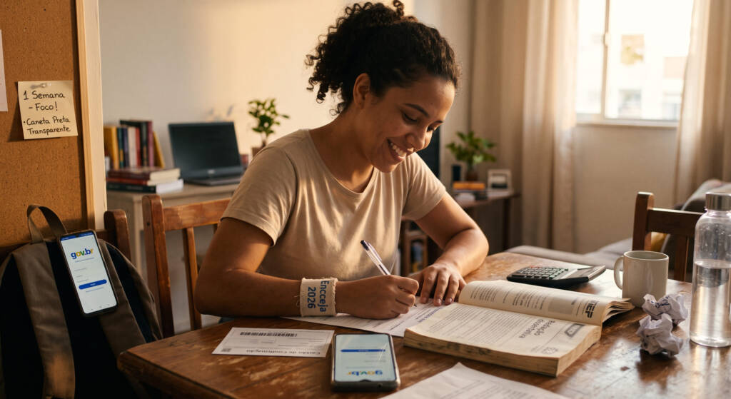 A imagem captura uma mulher concentrada estudando em sua mesa de jantar. Ela preenche o cartão de confirmação, cercada por materiais de estudo e uma caneta preta transparente, simbolizando a preparação ativa. O ambiente doméstico e a luz suave conferem humanidade, representando a realidade do estudante dedicado.