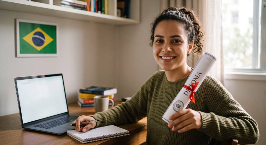 A foto apresenta uma jovem brasileira sorridente sentada em sua mesa de estudos em casa, segurando um diploma de ensino superior enrolado com fita vermelha. Ao fundo, um ambiente aconchegante com prateleiras cheias de livros e uma pequena bandeira do Brasil na parede. Sobre a mesa de madeira, há um notebook aberto, cadernos de anotações e uma xícara de café, retratando a rotina real de quem se prepara para concursos públicos.