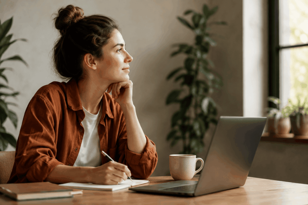 A imagem mostra uma profissional estudando e refletindo diante de um notebook em um ambiente tranquilo. A cena representa a busca por conhecimento e adaptação às transformações do mercado de trabalho. O contraste entre tecnologia, estudo e reflexão reforça a importância de desenvolver competências humanas para o futuro profissional.