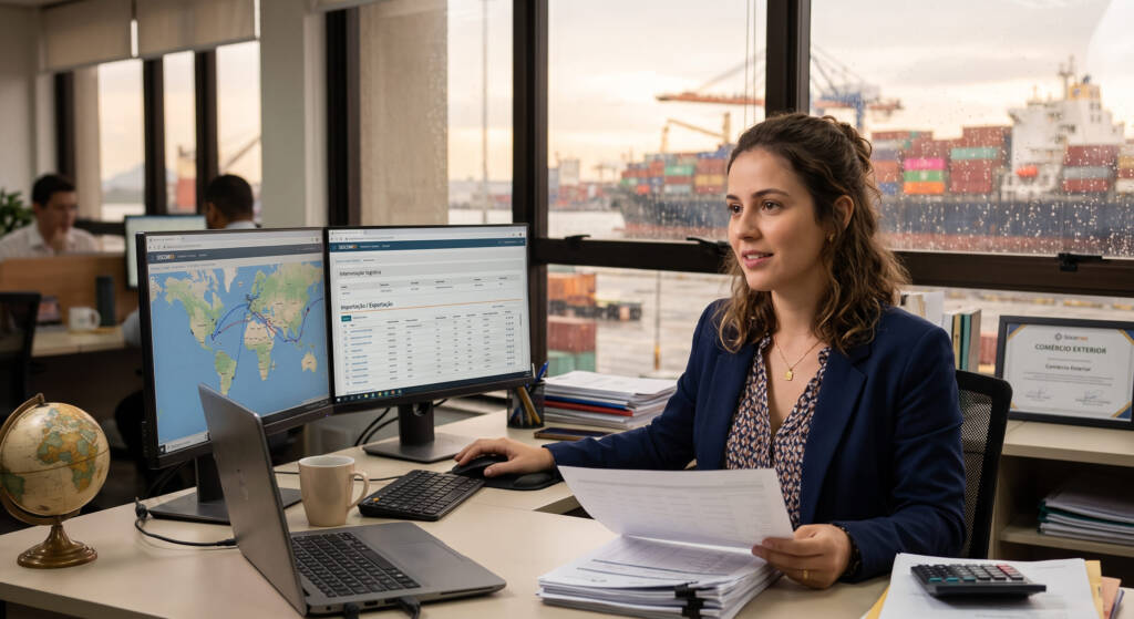 Uma profissional brasileira de comércio exterior trabalha concentrada em seu escritório, alternando entre documentos e um software de logística em seus monitores. O grande globo em sua mesa e a vista para o terminal de contêineres e o navio cargueiro pela janela simbolizam a conexão global de sua carreira. A atmosfera é de produtividade humana no dinâmico mercado internacional.