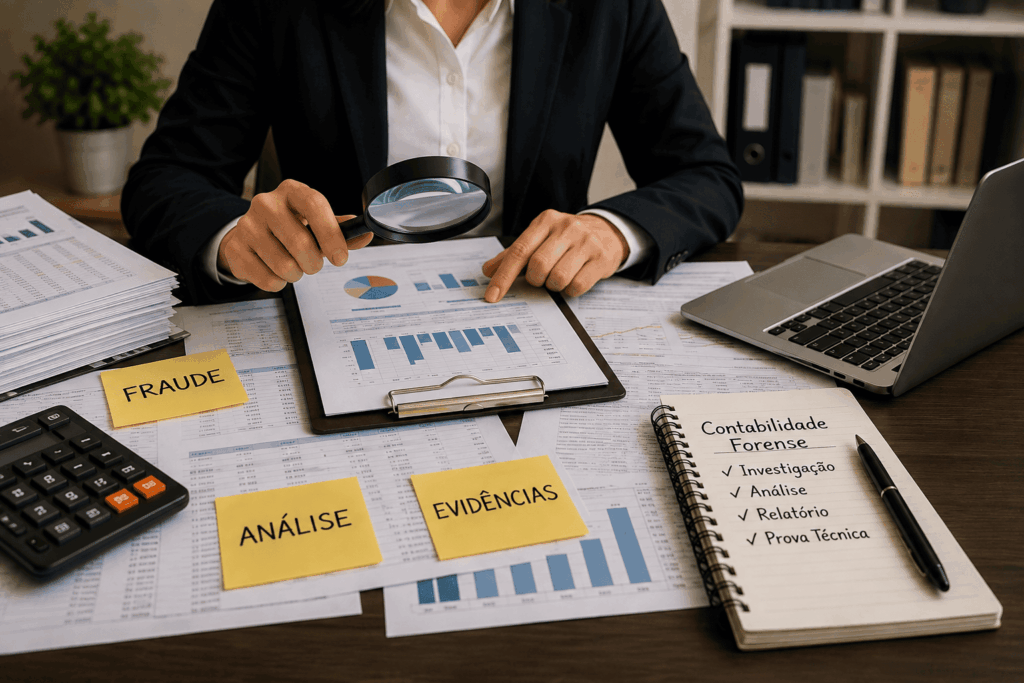 A imagem mostra um profissional analisando documentos financeiros com atenção aos detalhes. Gráficos, anotações e evidências representam as etapas de investigação e análise. O cenário reforça o papel da contabilidade forense na identificação de irregularidades e fraudes.
