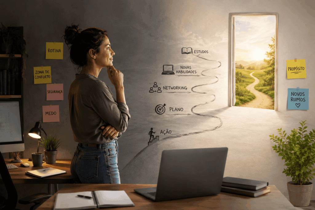 A imagem representa visualmente a transição de carreira como uma jornada entre a zona de conforto e novos objetivos profissionais.
A personagem observa um caminho formado por etapas como estudos, novas habilidades, networking, planejamento e ação.
A porta aberta para uma paisagem iluminada simboliza as novas possibilidades que podem surgir com a mudança de carreira.