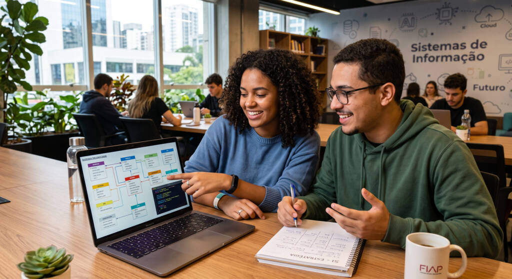 A imagem retrata dois estudantes de graduação trabalhando em conjunto em um ambiente acadêmico moderno e iluminado. Eles analisam um diagrama complexo na tela de um notebook, representando a estrutura e o fluxo de dados de um sistema, enquanto fazem anotações em um caderno intitulado "Estratégia de SI". Ao fundo, a parede com inscrições sobre tecnologia e outros alunos estudando reforça a atmosfera de aprendizado e inovação.