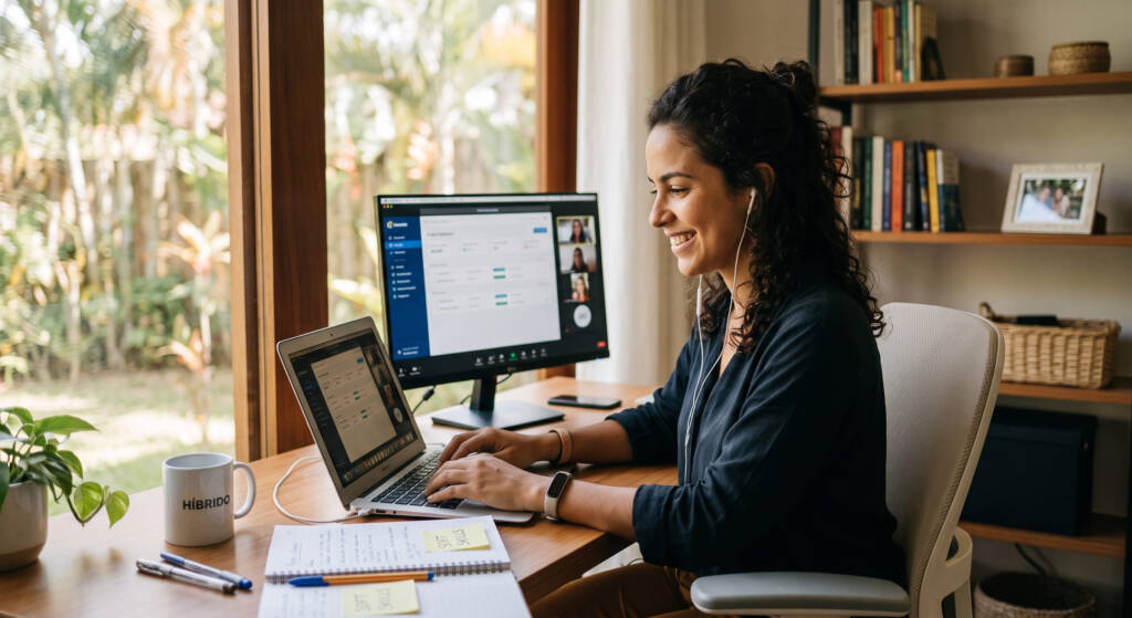 Uma mulher trabalha em um escritório em casa bem iluminado, sentada diante de uma mesa de madeira. Ela está sorrindo enquanto usa um notebook e um monitor externo, com fones de ouvido e um caderno aberto ao seu lado. O ambiente inclui uma planta em um vaso e uma janela que revela um jardim, evocando um equilíbrio entre produtividade e bem-estar.