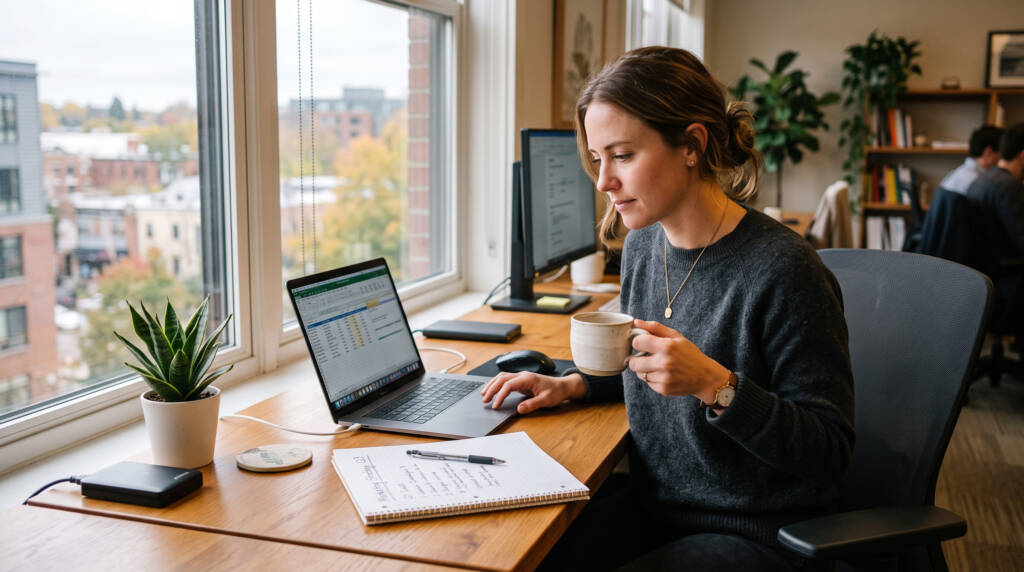 A fotografia retrata uma pessoa em seu ambiente de trabalho, sentada de forma relaxada à mesa próxima a uma janela iluminada pela luz natural. Com uma xícara em mãos e o olhar atento voltado para as suas anotações e notebook, a cena transmite uma sensação genuína de reflexão, foco e planejamento estratégico sobre a própria jornada profissional.