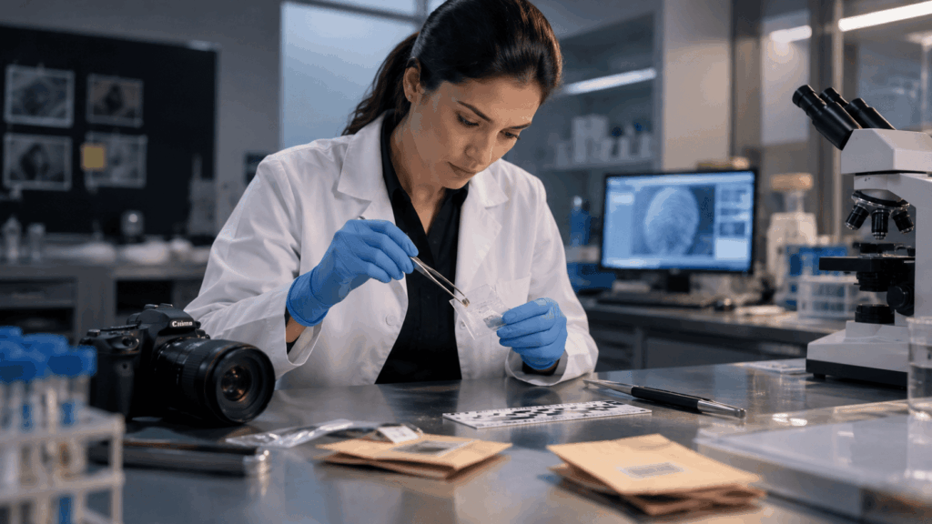 A imagem mostra uma profissional em um laboratório forense analisando evidências com equipamentos técnicos. A composição representa a rotina de um perito criminal, destacando investigação científica, coleta de vestígios e análise cuidadosa.