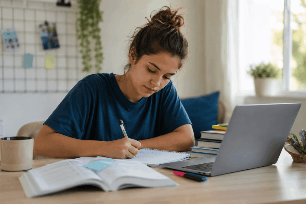 A imagem mostra uma estudante concentrada, revisando conteúdos e fazendo anotações para a prova. O notebook, os livros e o caderno representam a rotina de preparação para o vestibular. O ambiente iluminado transmite foco, organização e tranquilidade durante os estudos.