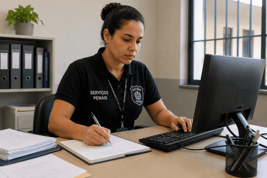 A imagem retrata uma profissional trabalhando em um ambiente administrativo de uma unidade prisional. Ela utiliza o computador e registra informações em um caderno, representando tarefas de gestão e acompanhamento. Ao fundo, elementos visuais reforçam conceitos como reintegração social, cidadania e responsabilidade.
