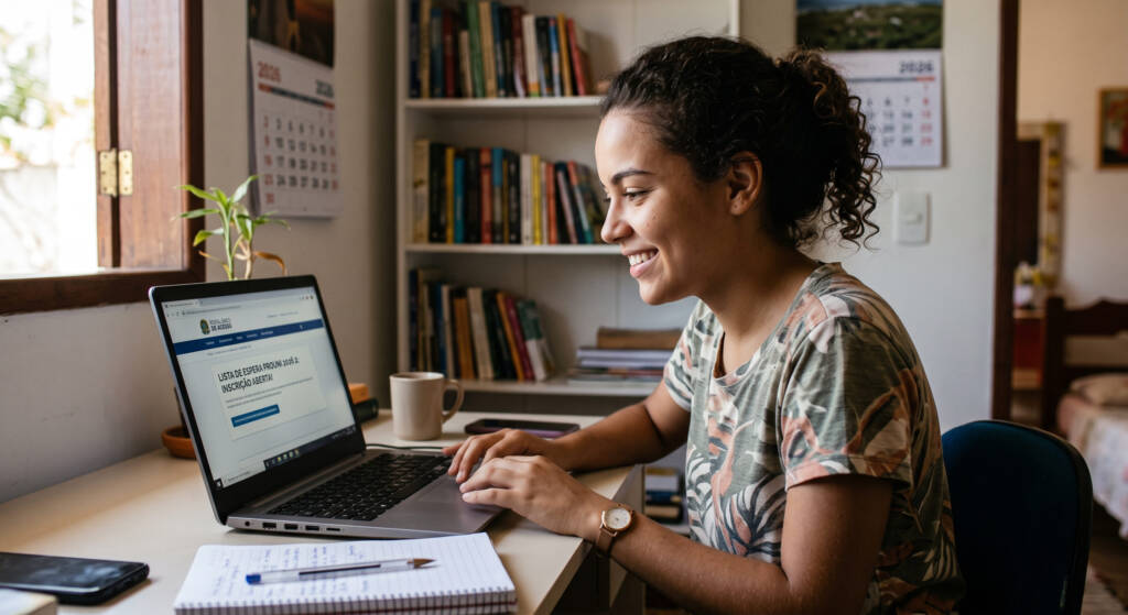 Uma estudante sorri e foca na tela do notebook, onde o aviso de inscrições abertas para a Lista de Espera Prouni 2026.2 está em destaque. Ela está em casa, com um caderno ao lado, demonstrando organização e esperança. A cena traz leveza e humanidade ao processo de inscrição.