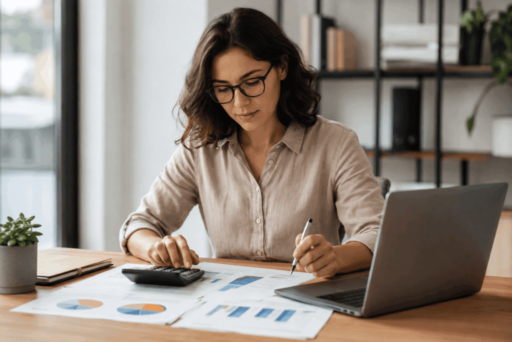 A imagem mostra uma profissional analisando gráficos e documentos em um ambiente de trabalho moderno.
Ela utiliza uma calculadora e um notebook enquanto avalia informações econômicas e financeiras.
A cena transmite concentração, organização e o caráter analítico da profissão de economista.