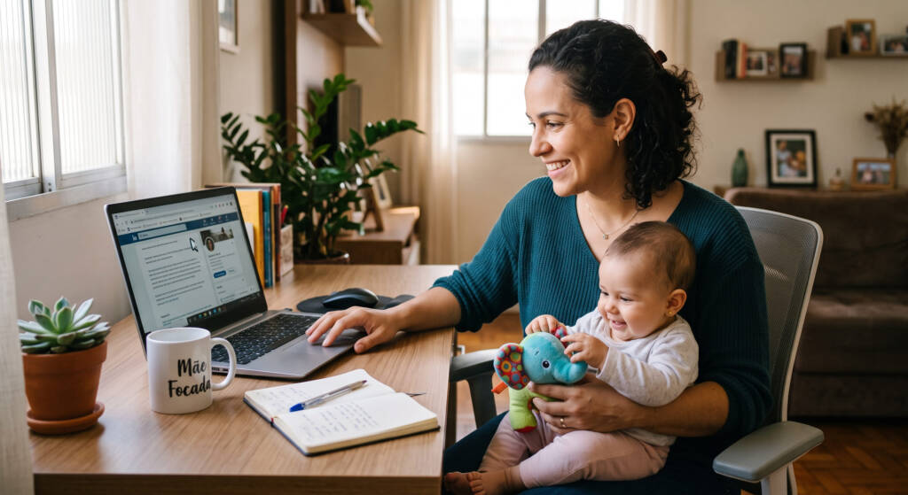 Uma mulher sentada em sua mesa de home office abraça o filho pequeno no colo, que olha para um tablet com gráficos coloridos. Ela tem uma expressão feliz e focada ao mesmo tempo, enquanto a luz do sol ilumina o ambiente misturando materiais de trabalho com brinquedos. Esta composição representa a união autêntica e sonhadora entre os cuidados maternos e o desenvolvimento profissional, onde ambos os mundos se encontram e se impulsionam.