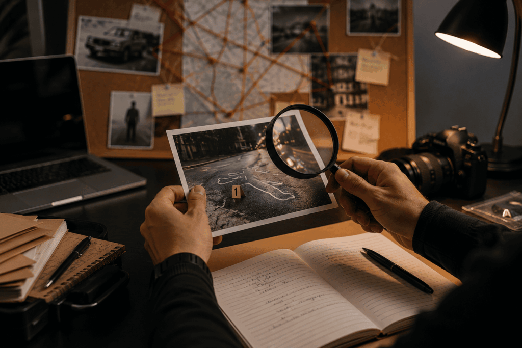 A imagem mostra um profissional analisando uma fotografia de cena de crime com uma lupa.
Ao fundo, mapas, registros e fotografias representam a conexão entre diferentes evidências.
A composição transmite atenção, método e o trabalho minucioso envolvido na investigação criminal.
