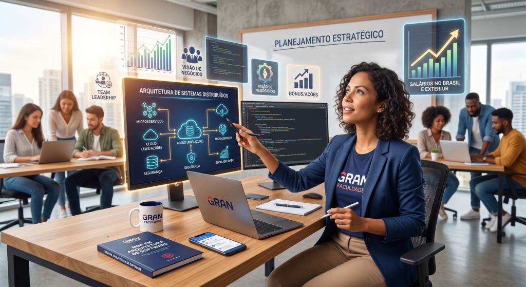 Mulher sorridente vestindo camisetas com a marca Gran Faculdade trabalhando em sua mesa de escritório. À sua frente, há telas digitais com esquemas de microsserviços, nuvem e gráficos de crescimento salarial, com uma caneca da Gran Faculdade e livro de MBA ao lado. Ao fundo, colegas de equipe colaboram em um ambiente corporativo moderno.