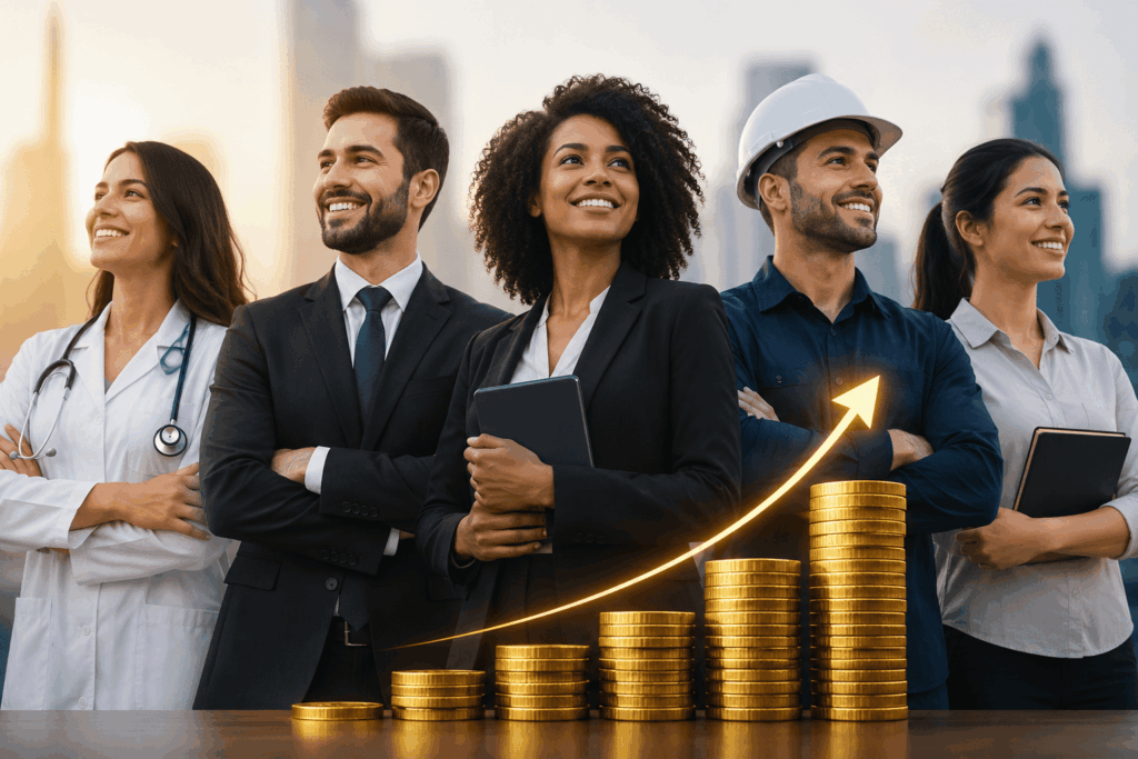 A imagem reúne profissionais de diferentes áreas em um ambiente corporativo moderno.
As moedas em crescimento representam as profissões que pagam mais de R$ 15 mil por mês e a valorização profissional.
A composição transmite ambição, desenvolvimento de carreira e busca por melhores oportunidades.