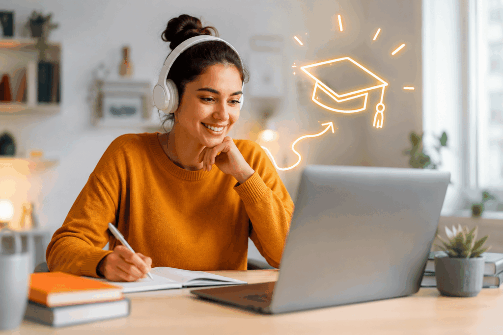 A imagem representa uma estudante em um ambiente acolhedor, concentrada em seus estudos com apoio de um notebook e materiais acadêmicos.
A cena transmite praticidade, autonomia e motivação, características associadas à graduação com início imediato.
O símbolo de formatura reforça visualmente a ideia de crescimento acadêmico e preparação para novos caminhos profissionais.