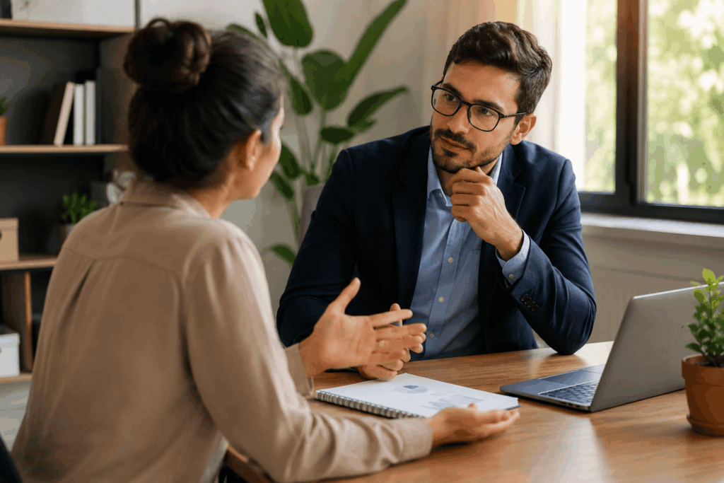 A imagem representa o momento de como pedir aumento de salário de forma profissional e estratégica.
Duas pessoas conversam em um ambiente corporativo, simbolizando diálogo, negociação e valorização profissional.
Os documentos e gráficos sobre a mesa reforçam a importância de apresentar resultados e argumentos concretos.