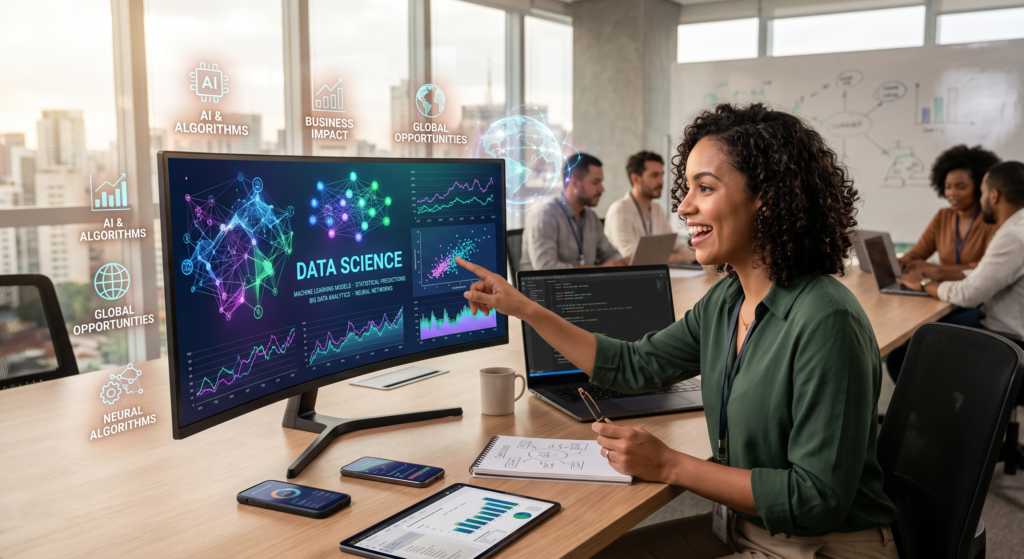 Profissional sorridente em sua mesa de trabalho apontando para uma tela curva que exibe dashboards de Ciência de Dados com modelos estatísticos e algoritmos de Machine Learning. Ao redor, há ícones holográficos representando inteligência artificial, oportunidades globais e dados de mercado.