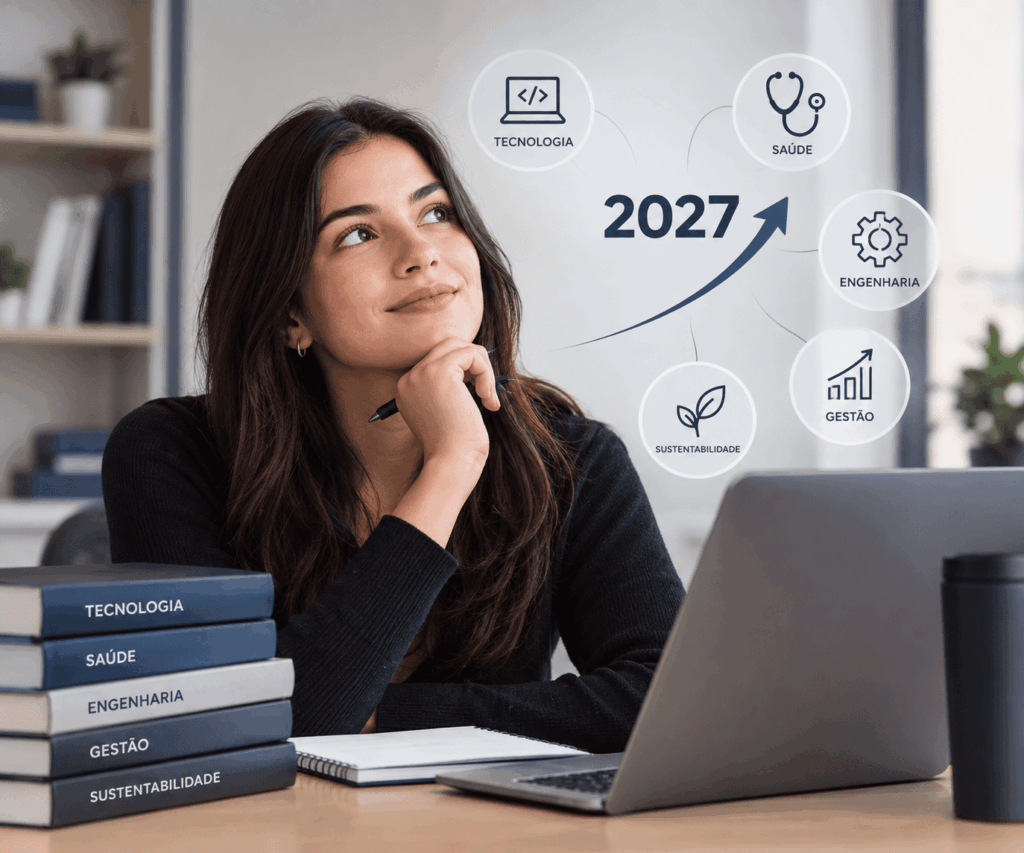 A imagem representa os cursos superiores com alta empregabilidade para 2027, mostrando uma estudante diante de diferentes possibilidades de carreira. Ícones de tecnologia, saúde, engenharia, inteligência artificial e sustentabilidade simbolizam áreas com potencial de crescimento. A composição transmite a ideia de planejamento, qualificação e preparação para as oportunidades do mercado de trabalho.