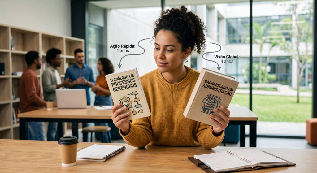 A imagem apresenta uma jovem profissional em um ambiente moderno, refletindo atentamente sobre duas opções de formação representadas por livros conceituais. Em um, o foco está na eficiência prática e curta duração, enquanto o outro simboliza uma visão estratégica e abrangente. Esta representação humana ilustra o momento de decisão entre as trilhas de Processos Gerenciais ou Administração.