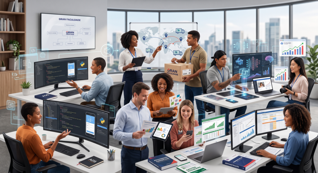 Ilustração de um escritório integrado reunindo profissionais exercendo funções de 10 graduações de mercado: desenvolvedores programando em telas com código, gestores analisando gráficos financeiros e de processos, especialistas em logística mapeando rotas, e profissionais de marketing e inteligência artificial trabalhando em laptops e tablets.