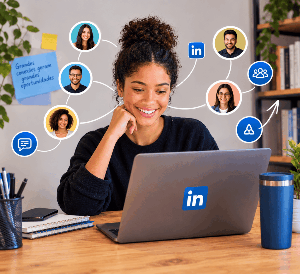 A imagem mostra uma profissional utilizando o LinkedIn enquanto diferentes conexões representam sua rede de contatos. A cena ilustra de forma leve e profissional como fazer networking no LinkedIn pode aproximar pessoas e oportunidades. O ambiente de trabalho reforça a ideia de construção de relacionamentos e desenvolvimento profissional.
