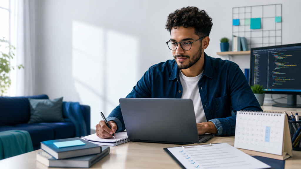 Estudante de tecnólogo EAD usa notebook em casa, com caderno, calendário e monitor exibindo códigos ao fundo.