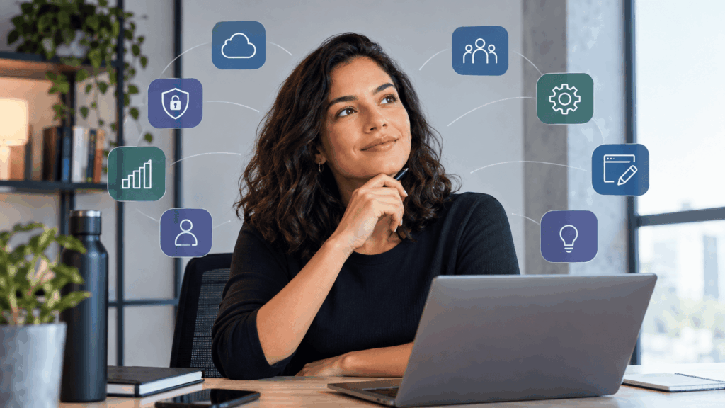 A imagem representa profissões de tecnologia além da programação, mostrando uma profissional diante do computador em um ambiente corporativo.
Os elementos visuais remetem a áreas como dados, cloud, segurança, gestão e inovação.
A composição reforça a diversidade de caminhos possíveis para quem deseja construir uma carreira no mercado de tecnologia.