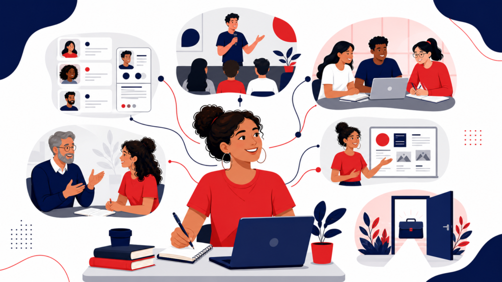 A imagem resume a jornada: o estudante parte da formação e, por meio de conversas, eventos, projetos e orientação, constrói conexões que podem aproximá-lo de novas oportunidades.