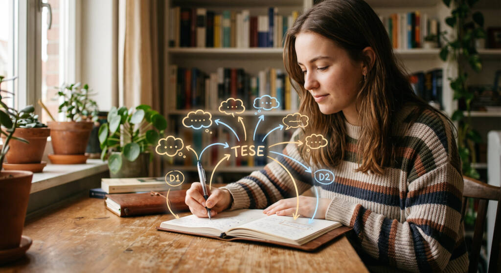 Nesta fotografia de estilo humanista e foco suave, uma estudante em casa concentra-se em seu caderno. Uma animação criativa e sutil sobre o papel mostra as conexões invisíveis do pensamento: setas e nós de luz dourada formam uma estrutura sólida que ancora suas ideias dispersas, rotulada claramente com a palavra-chave tese na redação. O brilho suave guia a organização do D1 e D2, simbolizando o projeto de texto projetado.
