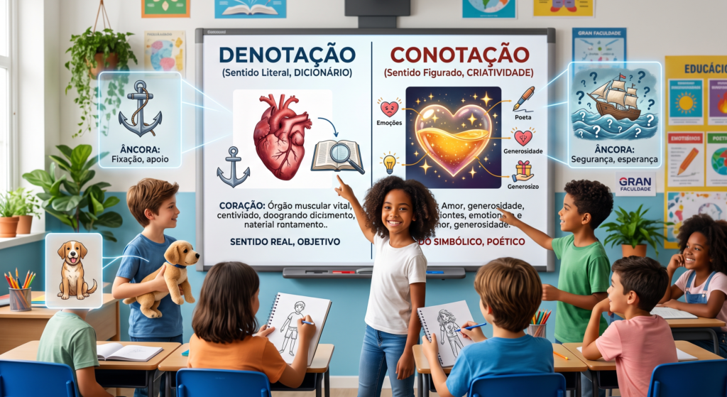 Sala de aula interativa com alunos e professora. Na tela ao fundo, há um quadro explicativo dividido em dois lados: no lado da Denotação (sentido literal/dicionário), há a ilustração anatômica de um coração real; no lado da Conotação (sentido figurado/criatividade), há a imagem de um coração brilhante representando sentimentos como amor e generosidade.