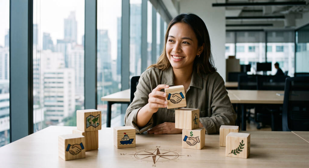 Uma jovem profissional sorri enquanto organiza, de forma criativa e orgânica, blocos de madeira sobre sua mesa de trabalho. Cada bloco exibe um ícone pintado à mão que simboliza um aspecto diferente das muitas Relações Internacionais áreas, como diplomacia e comércio. Ela parece conectar os conceitos, enquanto uma bússola sutil na mesa e uma vista urbana desfocada ao fundo sugerem um caminho estratégico e global.