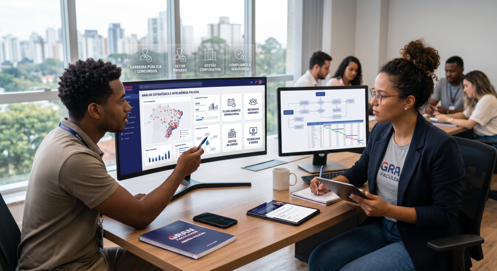 Homem e mulher reunidos em uma mesa de trabalho analisando um painel de inteligência policial e mapeamento estratégico em monitores. Na parede de vidro ao fundo, há ícones interativos representando carreira pública, setor privado, gestão corporativa e compliance em segurança, com cadernos da Gran Faculdade sobre a mesa.