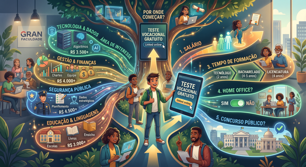 Ilustração em formato de mapa mental interativo conectando estudantes a diferentes carreiras. Do lado esquerdo, destacam-se as áreas de Tecnologia, Gestão, Segurança Pública e Educação com ícones e faixas salariais. Do lado direito, apresentam-se filtros como tempo de formação (Tecnólogo, Bacharelado e Licenciatura), opção de trabalho home office e concursos públicos, com um destaque central apontando para um smartphone exibindo o Teste Vocacional Gratuito.