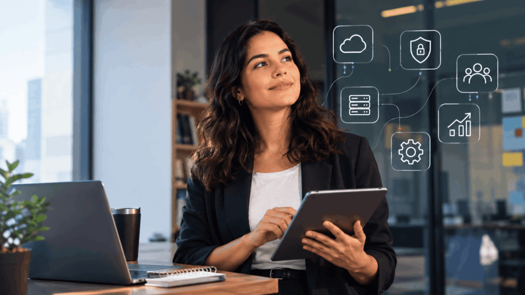 A cena representa a atuação estratégica em Gestão da Tecnologia da Informação, com uma profissional utilizando recursos digitais em um ambiente corporativo. Elementos visuais relacionados a segurança, nuvem, infraestrutura, dados e gestão reforçam a integração entre tecnologia e negócios. A composição transmite profissionalismo, inovação e possibilidades de carreira na área de Gestão da Tecnologia da Informação.