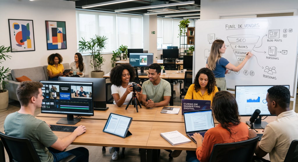 Equipe multidisciplinar de marketing trabalhando em uma sala ampla. Uma profissional desenha o funil de vendas com SEO e e-books em um quadro branco, enquanto outros membros editam vídeos no computador, configuram gravação de podcast, produzem artigos no notebook e ajustam uma câmera fotográfica.