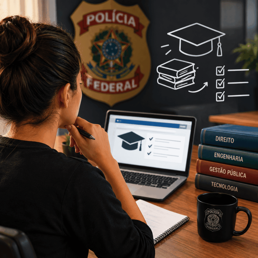 A cena representa uma estudante avaliando diferentes caminhos de formação para a carreira policial. A composição destaca a busca pela faculdade para policial federal, com livros de diferentes áreas e elementos relacionados à preparação profissional. O ambiente transmite planejamento, estudo e decisão sobre qual graduação seguir.