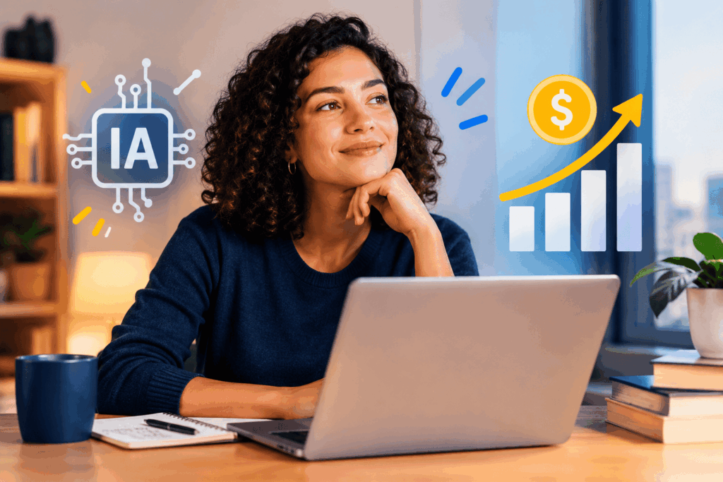 Mulher em ambiente profissional utilizando um notebook, representando o desenvolvimento de habilidade em inteligência artificial.
Elementos visuais associados à tecnologia e ao crescimento simbolizam a valorização dessas competências no mercado.
A composição transmite uma ideia de aprendizado, inovação e evolução profissional.