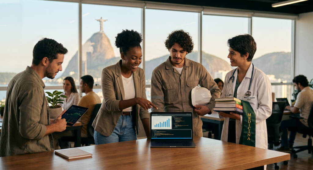 Uma fotografia autêntica em um espaço de co-working mostra um grupo diverso de recém-graduados sorrindo e discutindo dados em um laptop. A imagem captura o momento inspirador em que escolhem caminhos profissionais promissores, representando as profissões com maiores salários iniciais no Brasil. No horizonte, a vista para o Rio de Janeiro simboliza as vastas oportunidades abertas para essa nova geração.