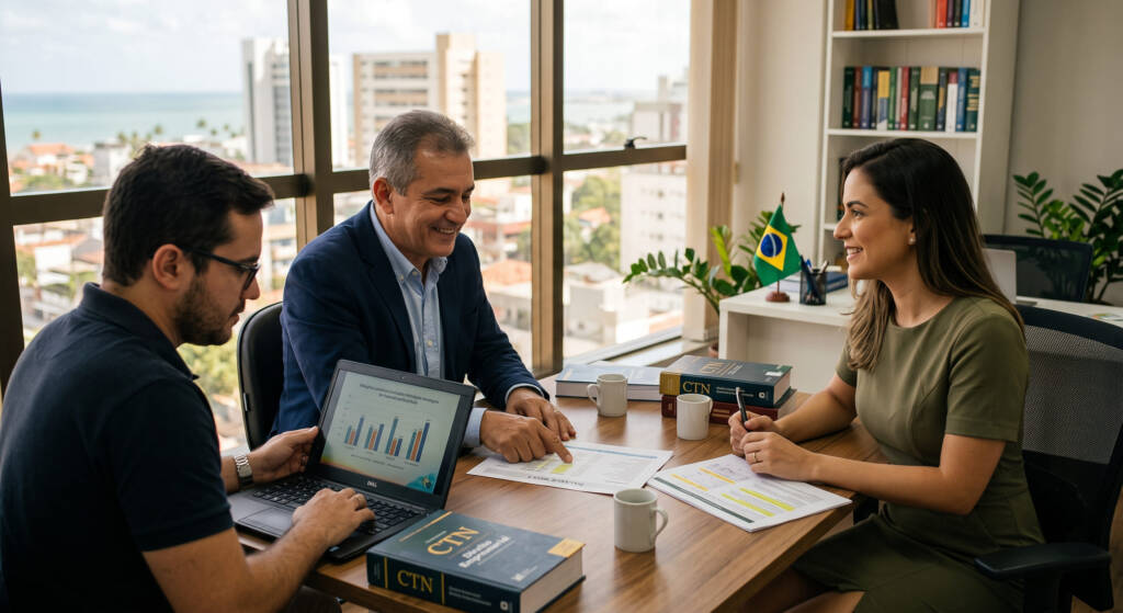 A imagem ilustra uma parceria colaborativa e humana entre advogados e um empreendedor local em um escritório acolhedor no Brasil. Eles analisam gráficos e documentos financeiros com otimismo, representando a área do direito que dá mais dinheiro através de estratégias preventivas de alto impacto, como o planejamento tributário. A luz natural e o ambiente simples focam na conexão genuína e na construção de soluções lucrativas.