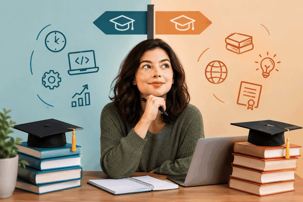 A imagem representa uma estudante analisando diferentes caminhos para sua formação acadêmica.
Elementos ligados à tecnologia, conhecimento e carreira simbolizam as possibilidades de escolha entre tecnólogo ou bacharelado.
A composição transmite a ideia de decisão consciente sobre o curso superior e os próximos passos profissionais.
