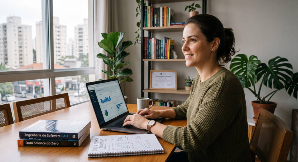 Esta fotografia documental captura a essência de uma profissional brasileira em casa, focada em sua jornada de transição de carreira para tecnologia. Com um sorriso determinado, ela estuda Python no laptop, rodeada por materiais de estudo e uma atmosfera de recomeço e aprendizado constante.