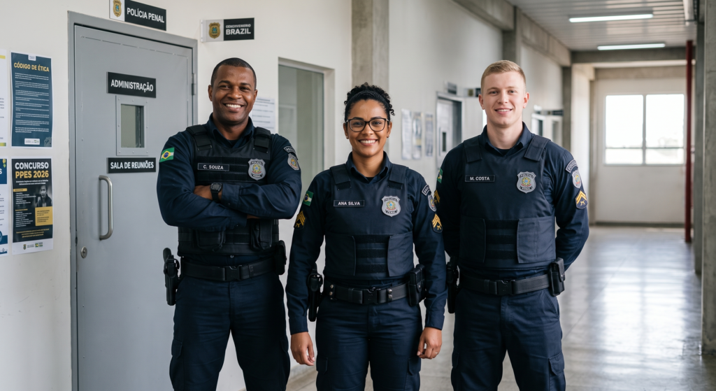 Três policiais penais usando uniformes operacionais escuros com coletes e distintivos, em pé e sorridentes em um corredor bem iluminado de uma instalação administrativa policial.