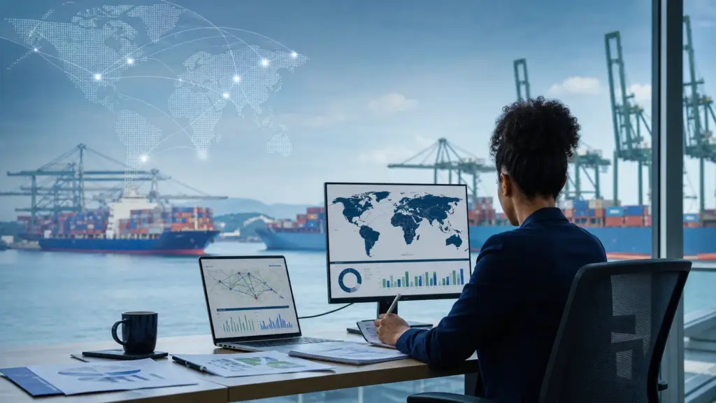 Profissional analisando dados e rotas de uma operação de Comércio Exterior