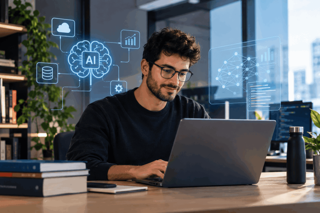 A imagem representa um engenheiro de Inteligência Artificial trabalhando no desenvolvimento de soluções tecnológicas. O ambiente profissional destaca programação, dados, redes neurais e infraestrutura digital. A composição reforça a atuação prática do engenheiro de Inteligência Artificial no mercado de tecnologia.